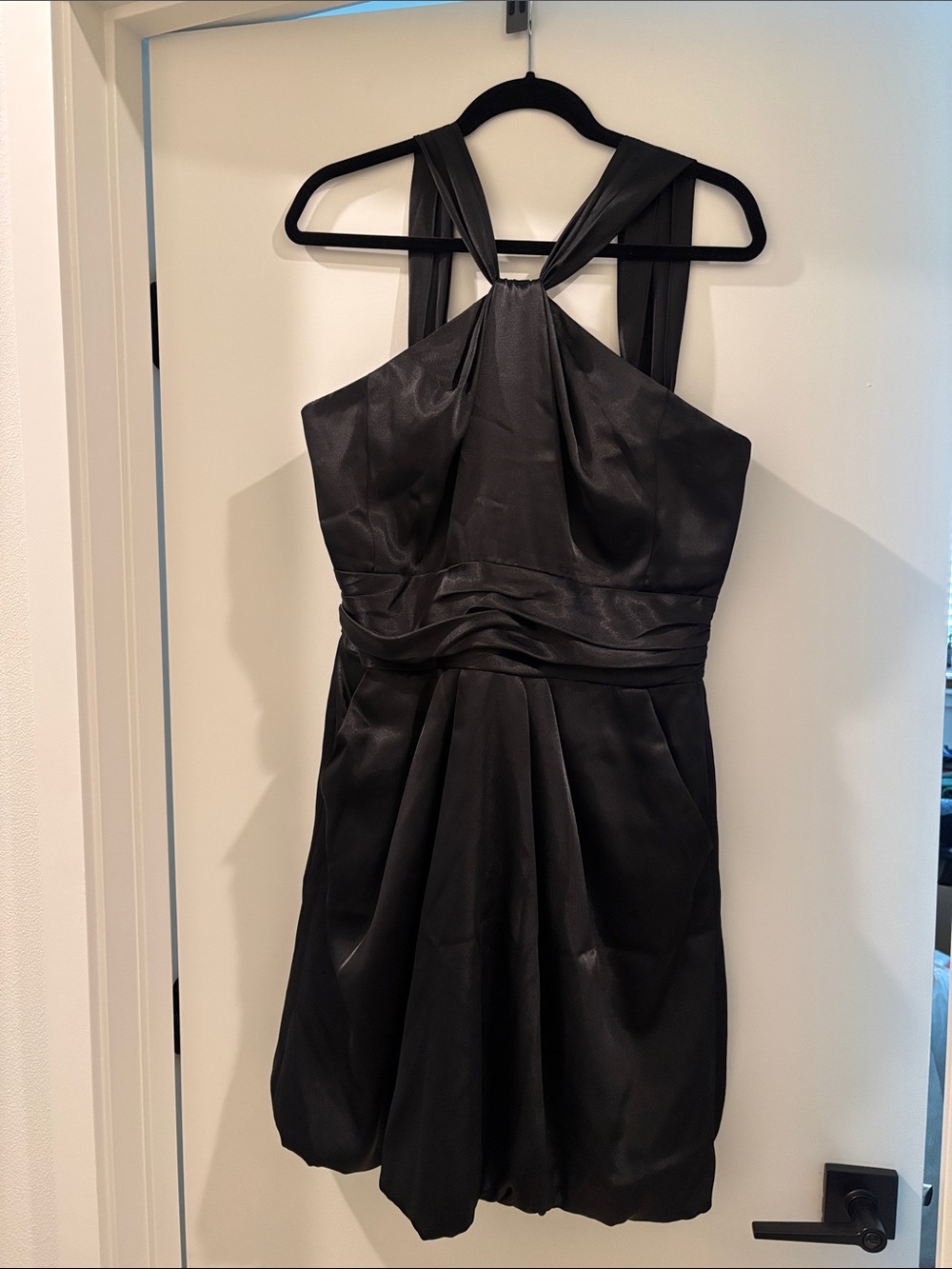 David's Bridal Black Satin Halter-Back Mini Dress